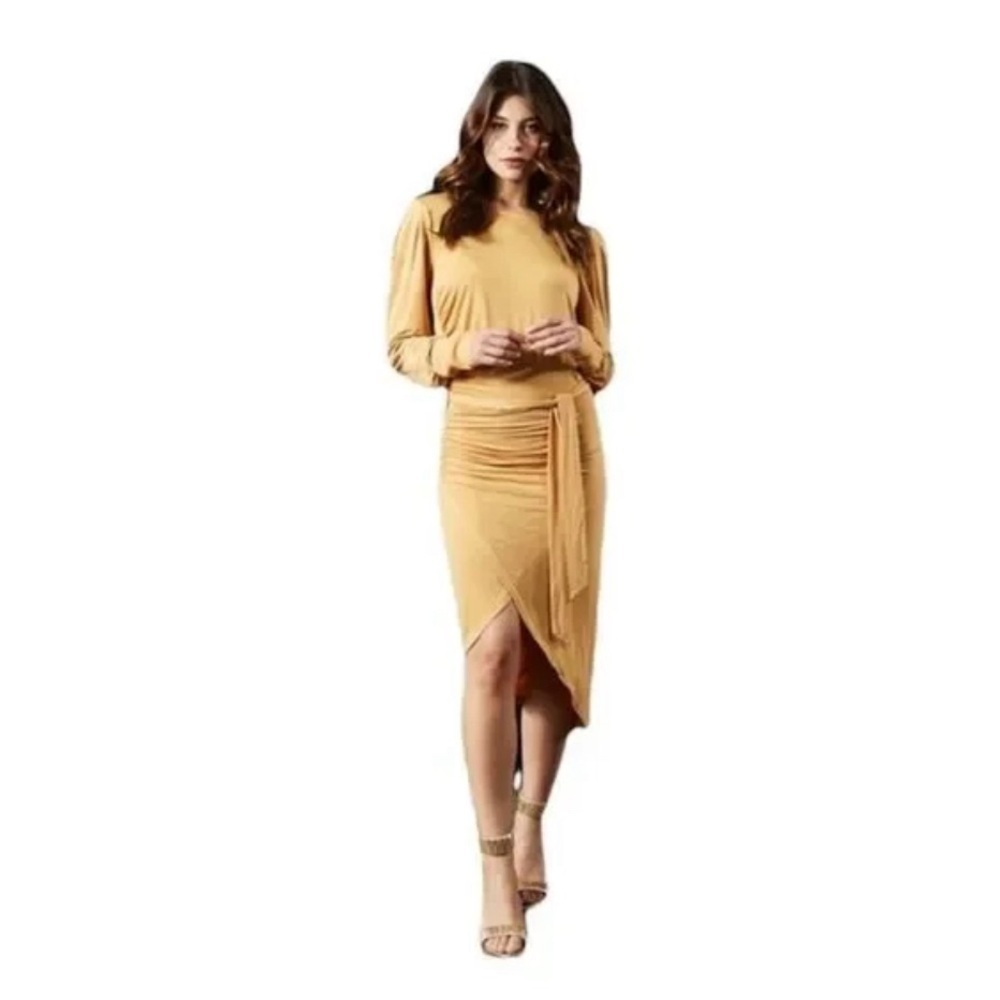 Young fabulous and broke asymmetrical Keylen Midi long sleeve dress S gold